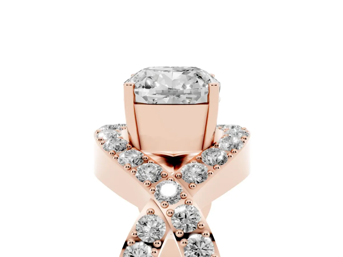 Cushion Cut Solitaire Twist Band Pavé Diamond Engagement Ring Rose gold