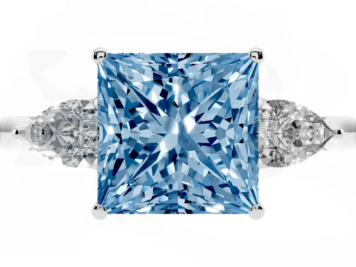 Fancy Blue Princess Cut Diamond Three-Stone Ring with Pear Side Stones and Prong Setting Silver