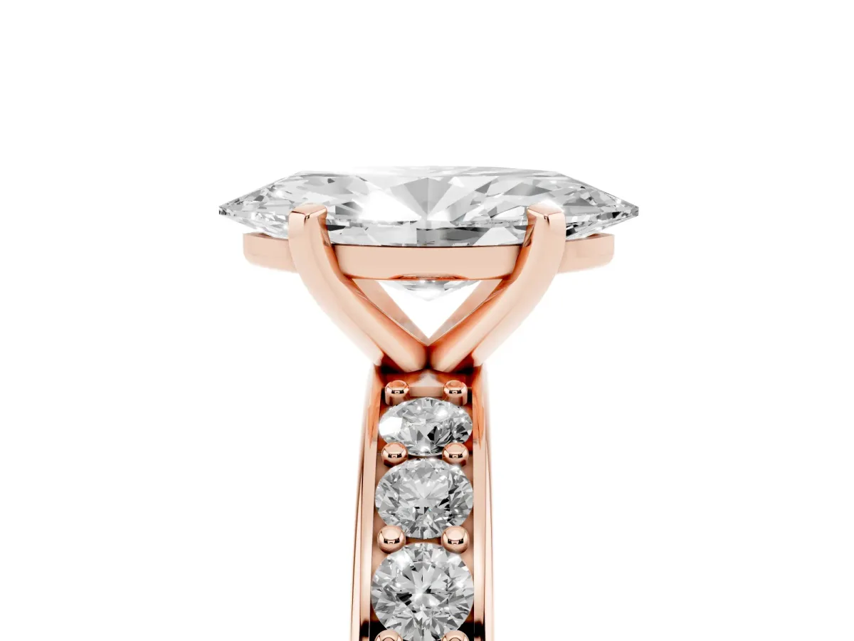 Marquise Cut Diamond Engagement Ring with Channel Set Round Band and Prong Setting Rose gold