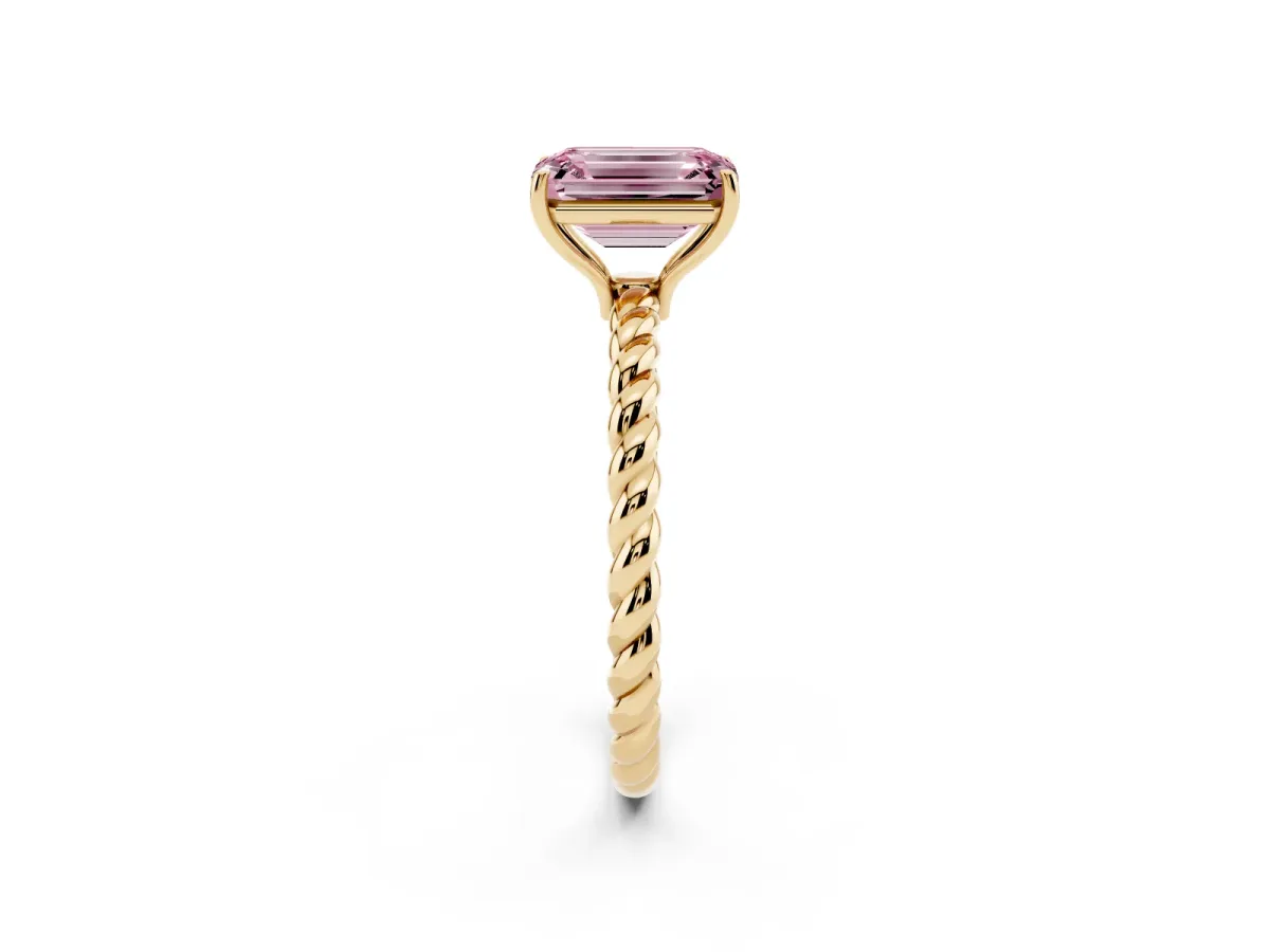 Fancy Pink Emerald Cut Solitaire Twisted Band 4-Prong Ring Yellow gold