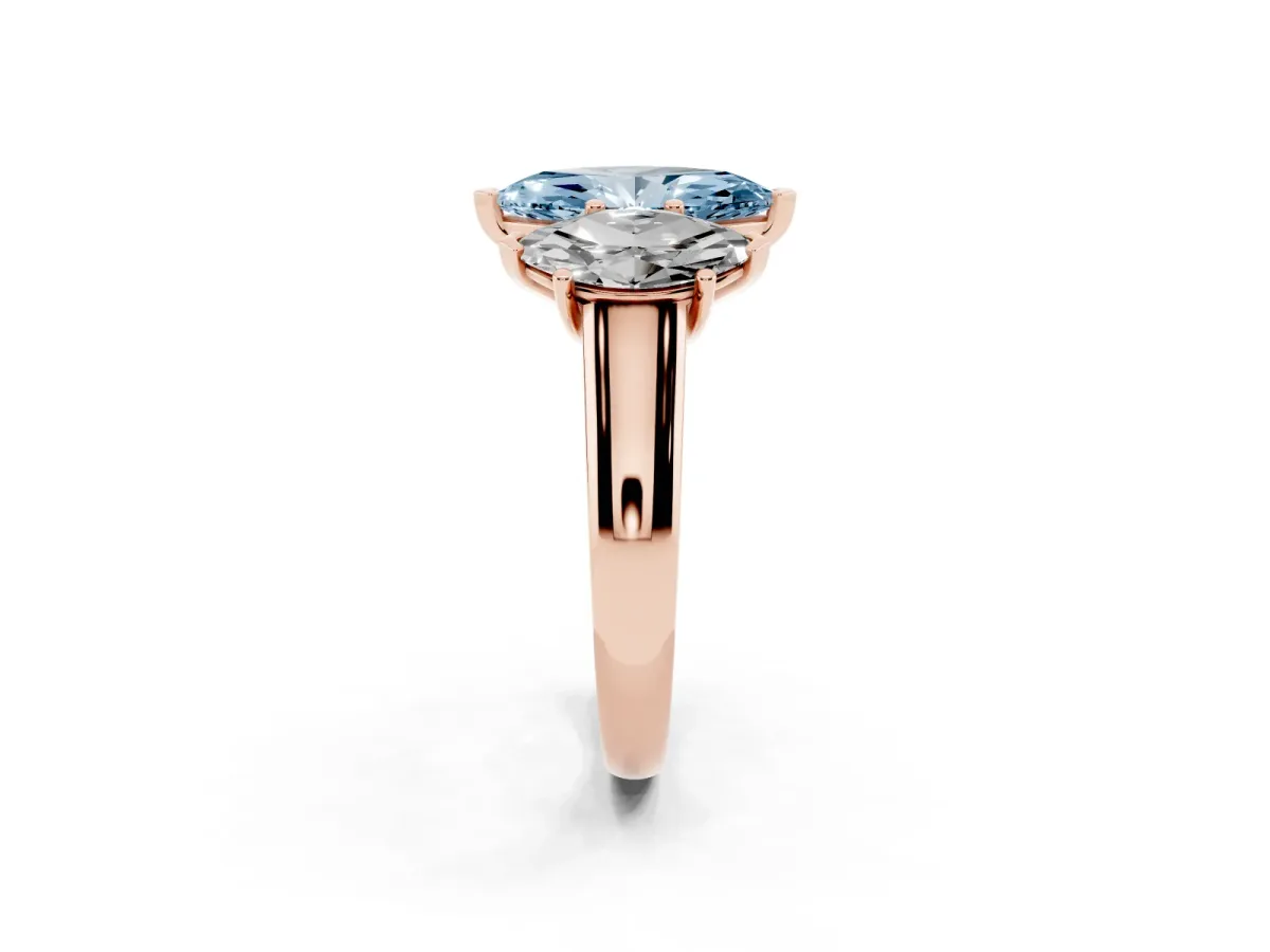 Fancy Blue Marquise Cut Three-Stone Diamond Ring with Prong Setting on a Classic Band Rose gold