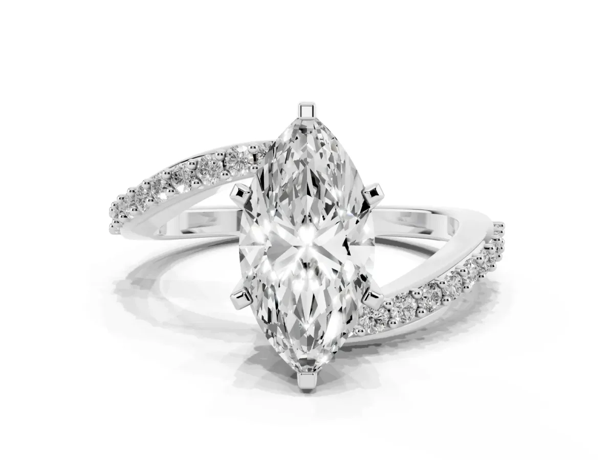 Marquise Cut Solitaire Twist Band with Pave Set Diamonds and Four-Prong Setting Platinum