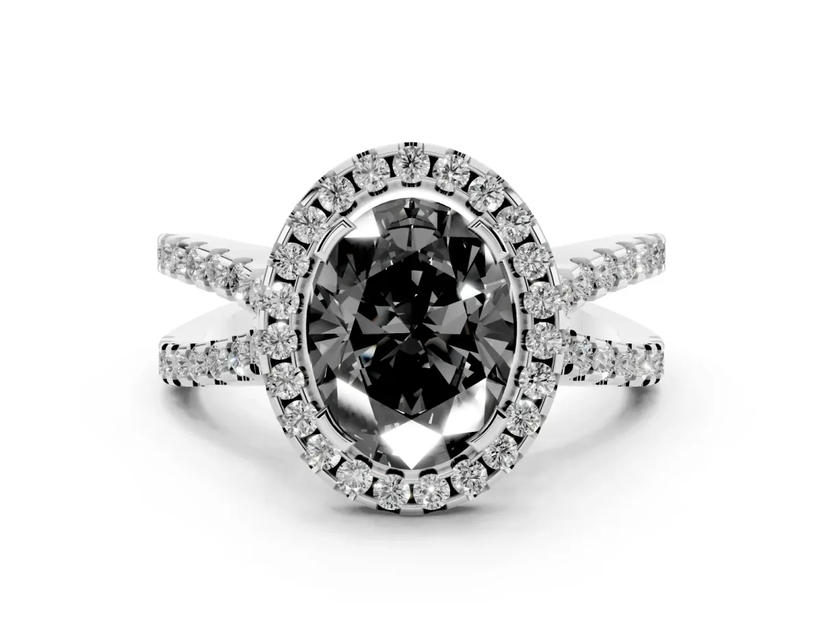 Fancy Black Oval Cut Diamond Halo Ring with Split Shank Pavé Band and Prong Setting Silver
