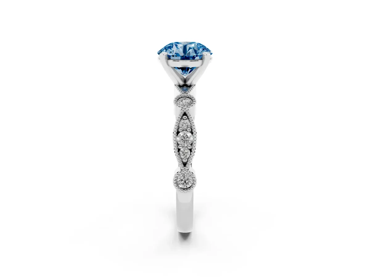 Fancy Blue Round Cut Milgrain Bezel Diamond Engagement Ring with Solitaire Prong Setting Platinum