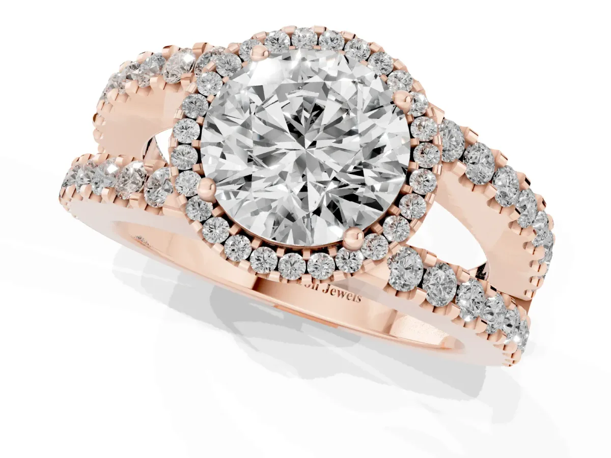 Round Cut Cut Halo Split Shank Diamond Ring with Four-Prong Setting Rose gold