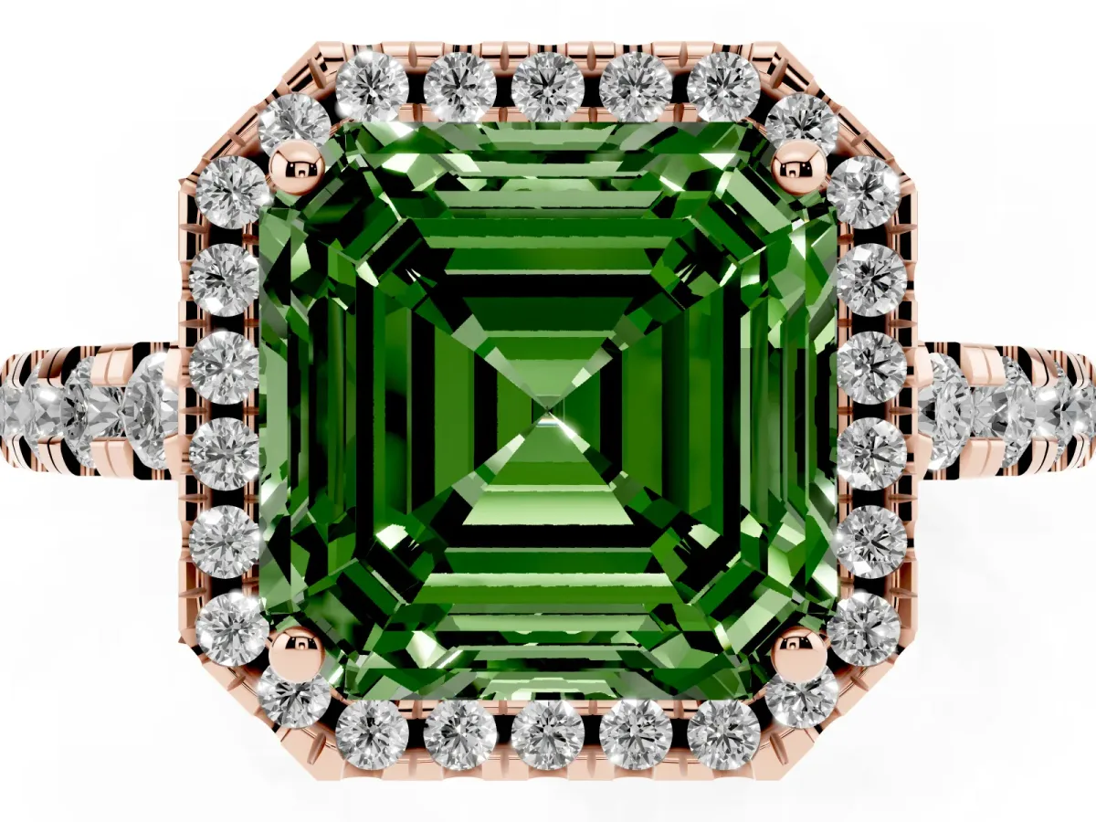 Fancy Green Asscher Cut Diamond Halo Ring with Pavé Band and Four-Prong Setting Rose gold