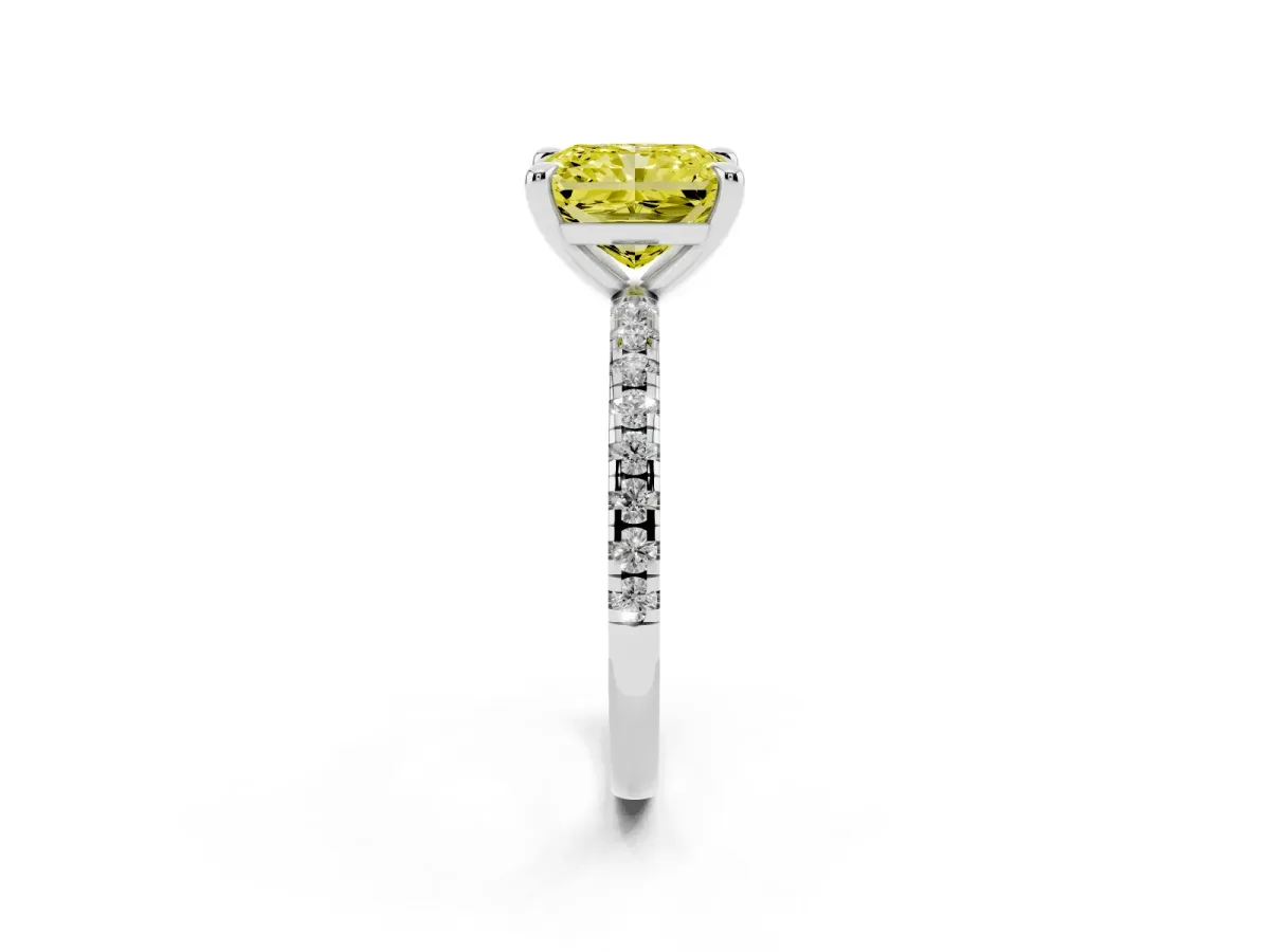 Fancy Yellow Radiant Cut Diamond Brilliant Solitaire Ring with Pavé Band and Four-Prong Setting Silver