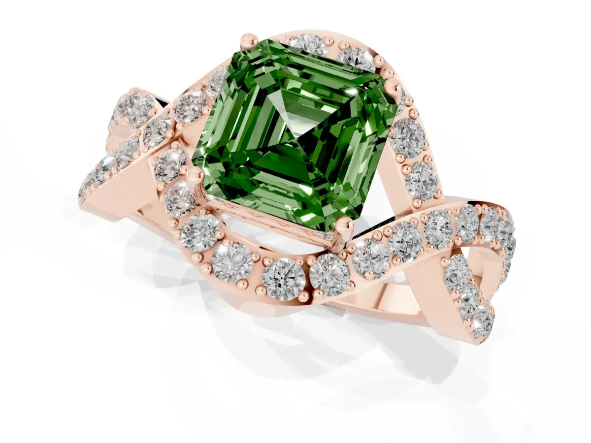 Fancy Green Asscher Cut Solitaire Twist Band Pavé Diamond Engagement Ring Rose gold