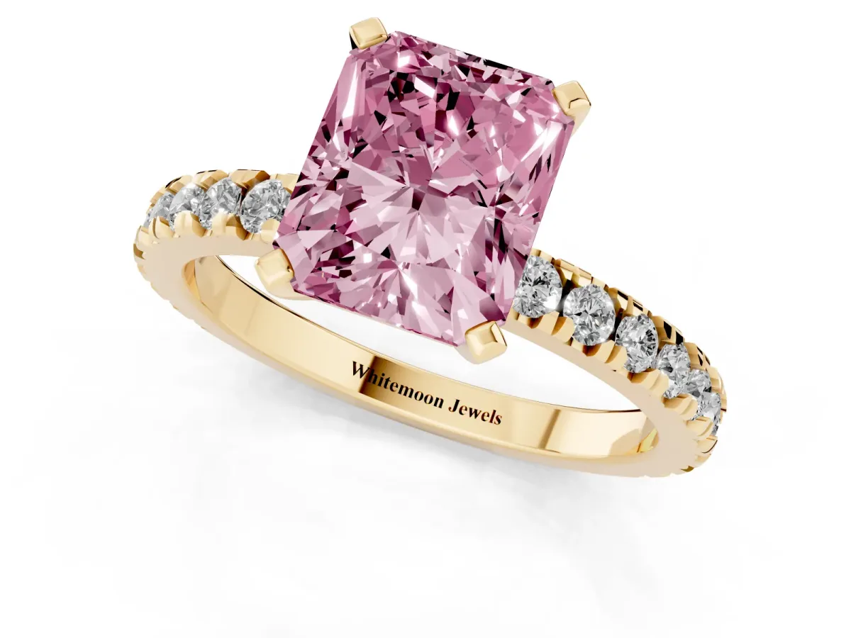 Fancy Pink Radiant Cut Diamond Pavé Band Solitaire with Four-Prong Setting Yellow gold
