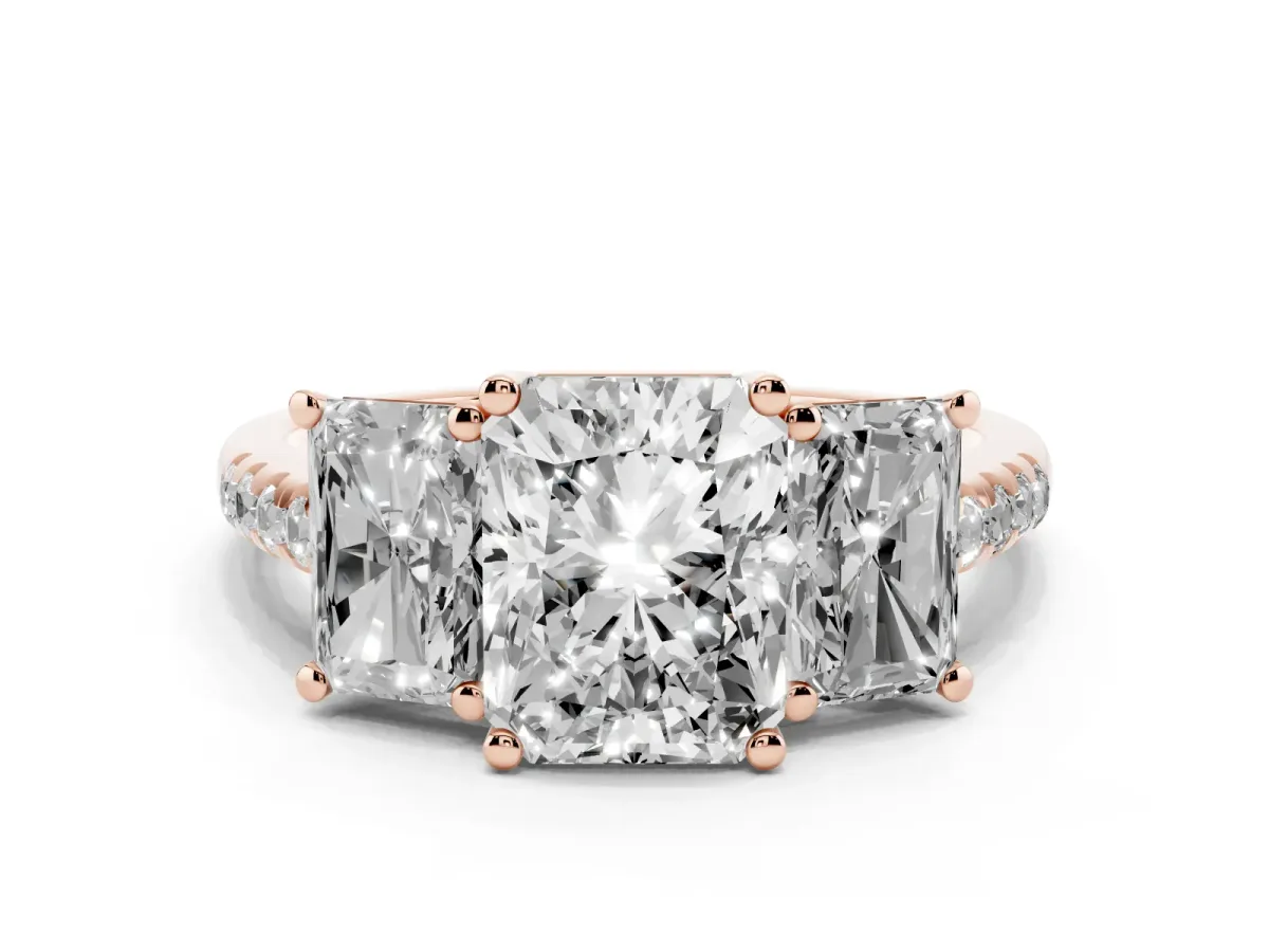 Three-Stone Radiant Cut Diamond Ring with Round Pavé Band and Prong Setting Rose gold