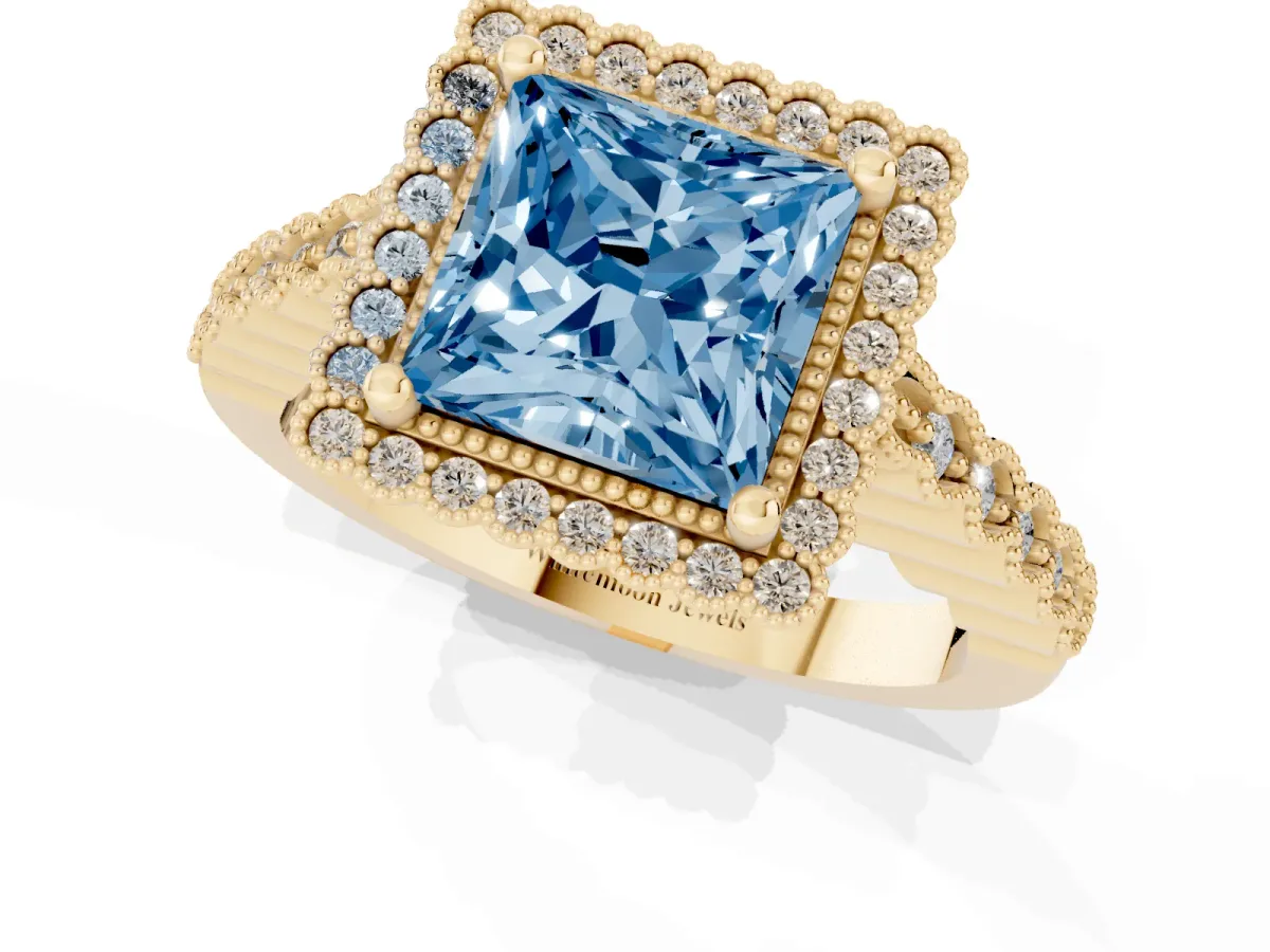 Fancy Blue Princess Cut Cut Halo Pavé Solitaire Ring with Milgrain Band Yellow gold