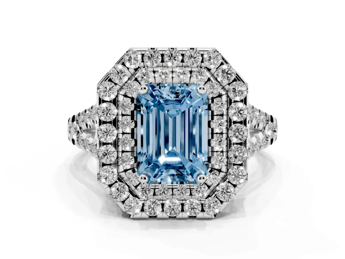 Fancy Blue Double Halo Emerald Cut Diamond Pavé Split Shank Ring with Prong Setting Platinum
