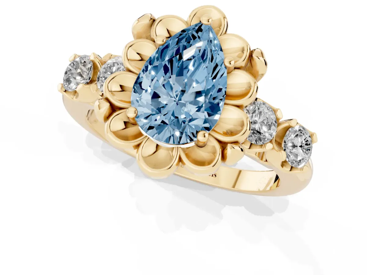 Fancy Blue Pear Cut Cut Diamond Floral Halo Engagement Ring with Shared Prong Setting Yellow gold