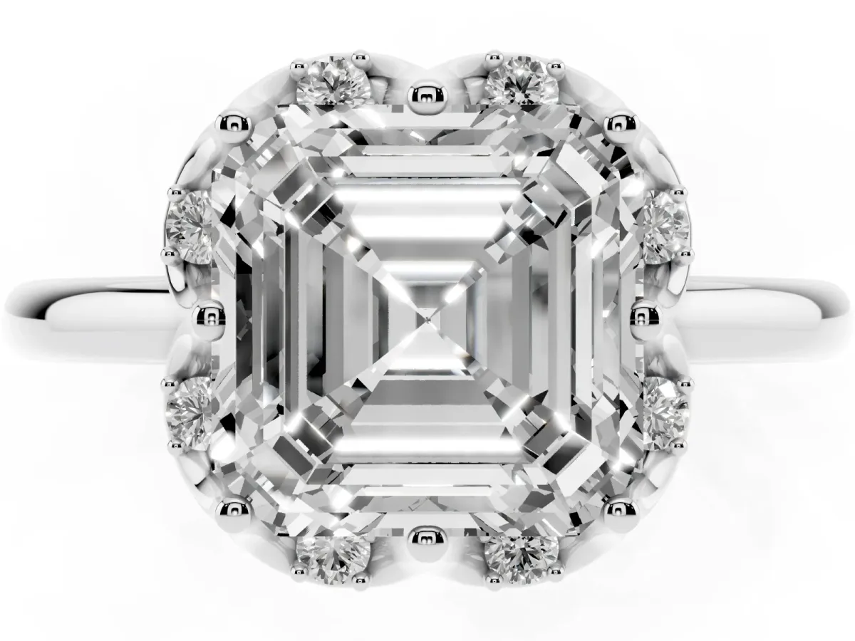 Asscher Cut Halo Diamond Ring with Round Cluster Setting, Solitaire Band, and Four-Prong Setting Silver