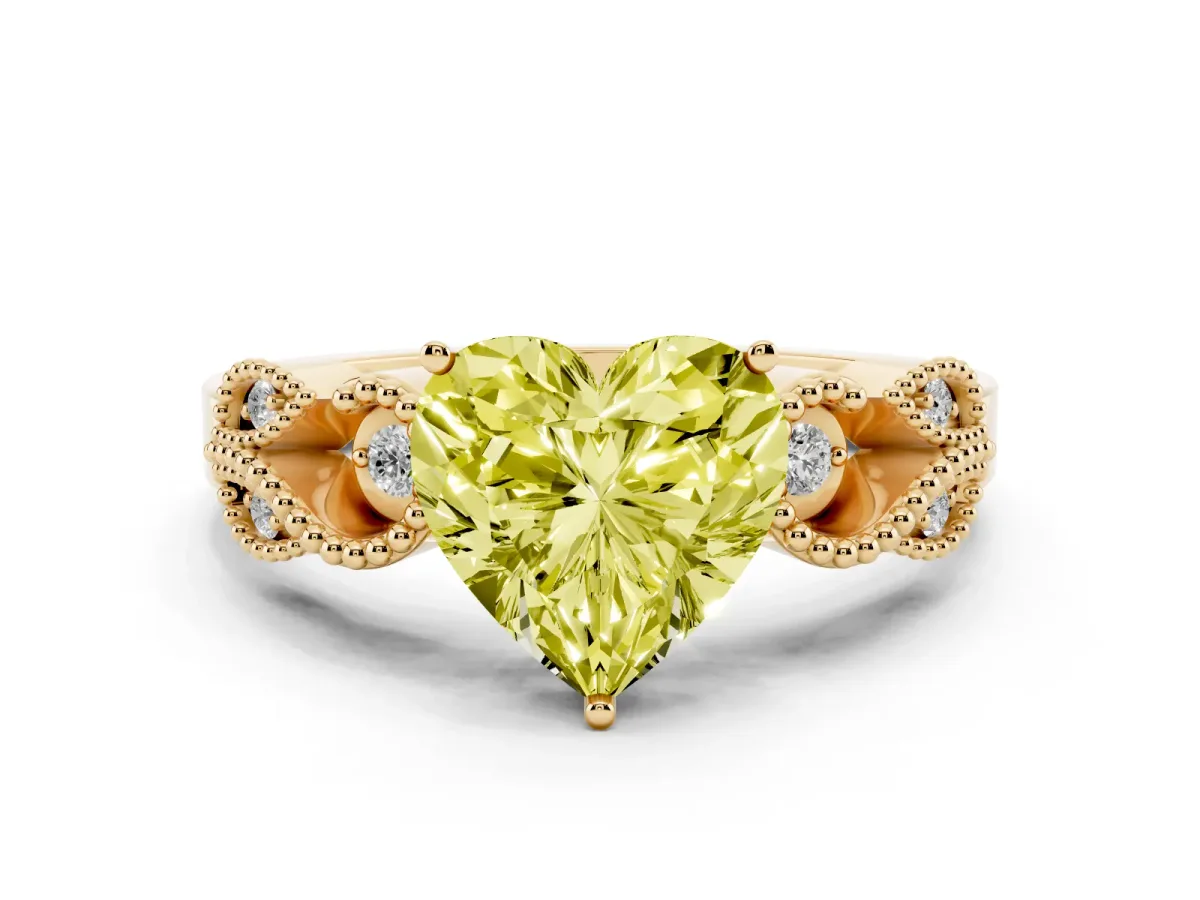 Fancy Yellow Heart Cut Solitaire Milgrain Leaf Band with Prong Setting Yellow gold