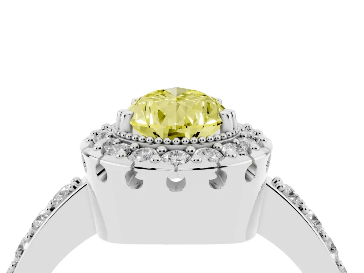 Fancy Yellow Pear Cut Diamond Halo Ring with Pavé Band and Prong Setting Platinum