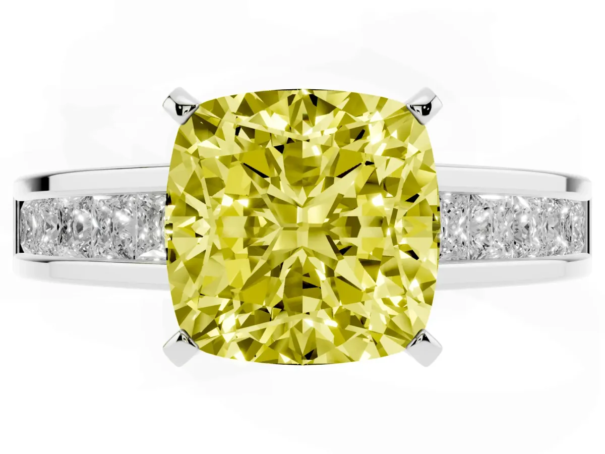 Fancy Yellow Cushion Cut Solitaire Diamond Ring with Channel-Set Band and Four-Prong Setting White gold