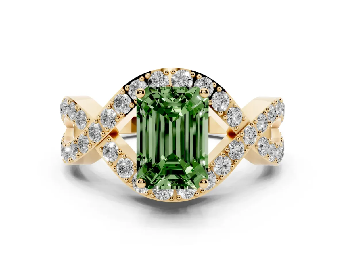 Fancy Green Emerald Cut Solitaire Twist Band Pavé Diamond Engagement Ring Yellow gold