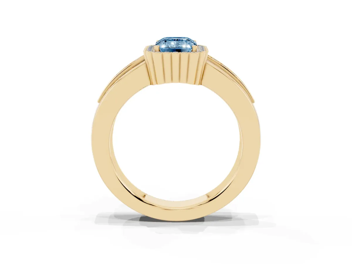 Fancy Blue Emerald Cut Cut Halo Pave Band Four-Prong Ring Yellow gold