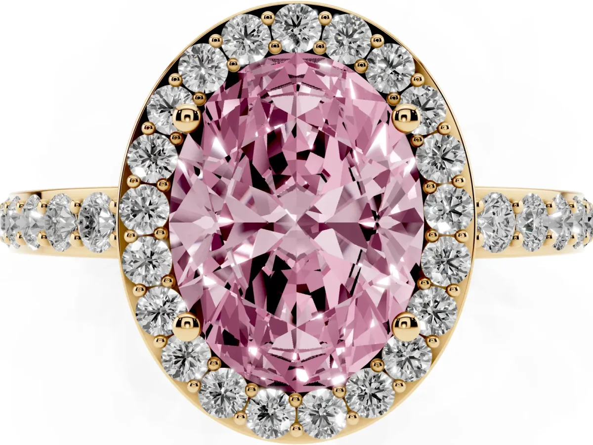 Fancy Pink Oval Cut Halo Diamond Pavé Band Ring with Prong Setting Yellow gold