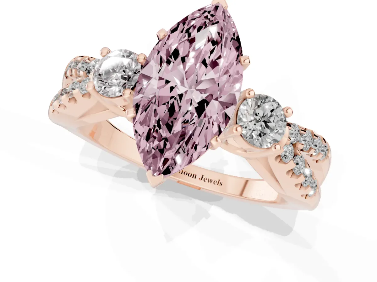 Fancy Pink Marquise Cut Diamond Three-Stone Ring with Pavé Split Shank and Four-Prong Setting Rose gold