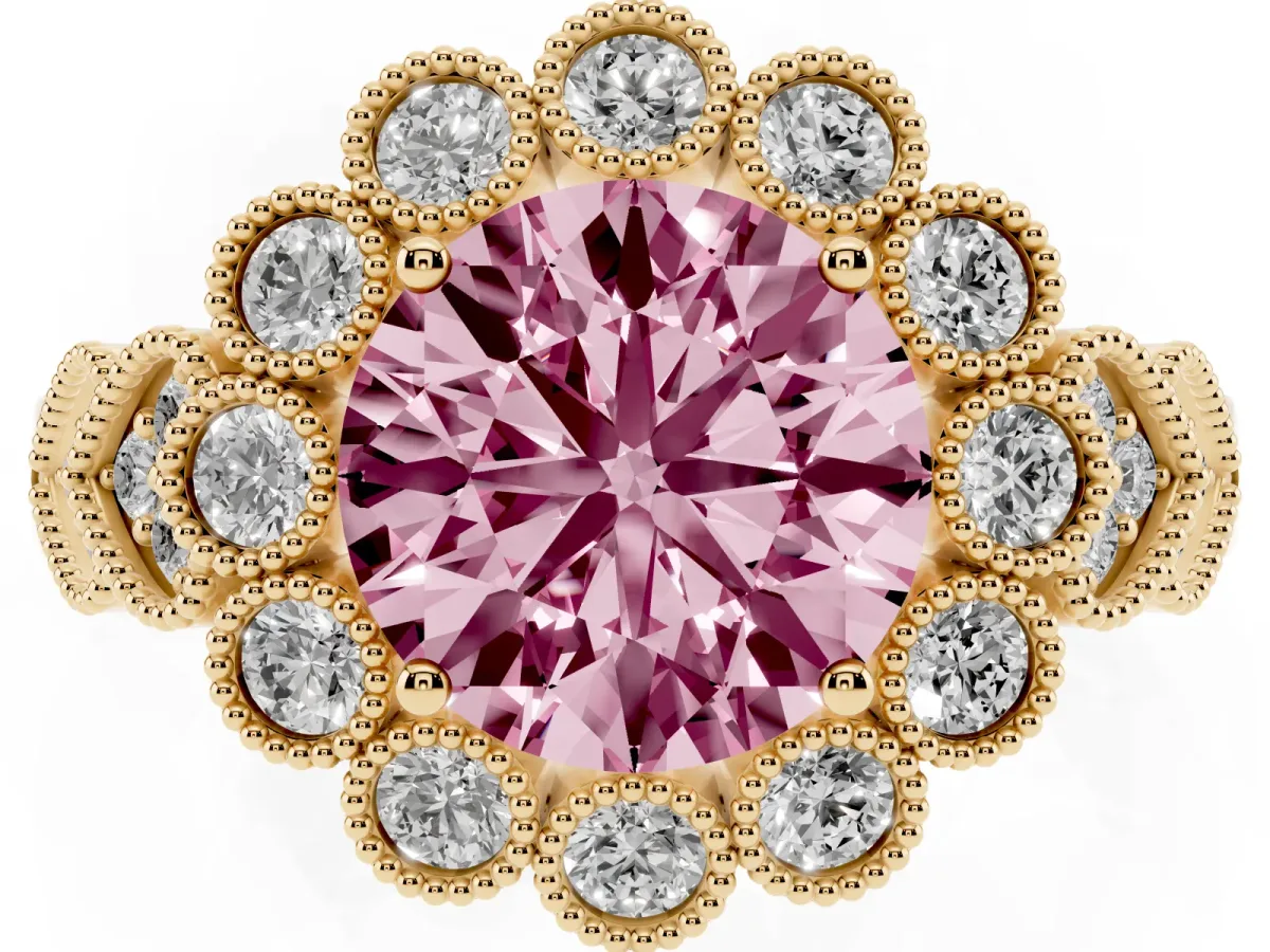 Fancy Pink Round Cut Brilliant Milgrain Pave Heart Band Solitaire Ring Yellow gold