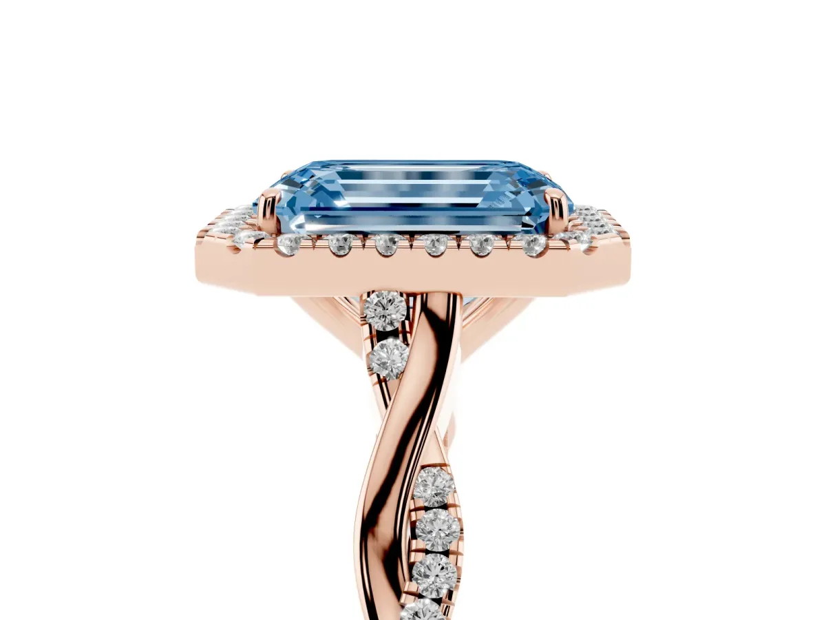 Fancy Blue Emerald Cut Halo Twist Band Solitaire Ring Rose gold