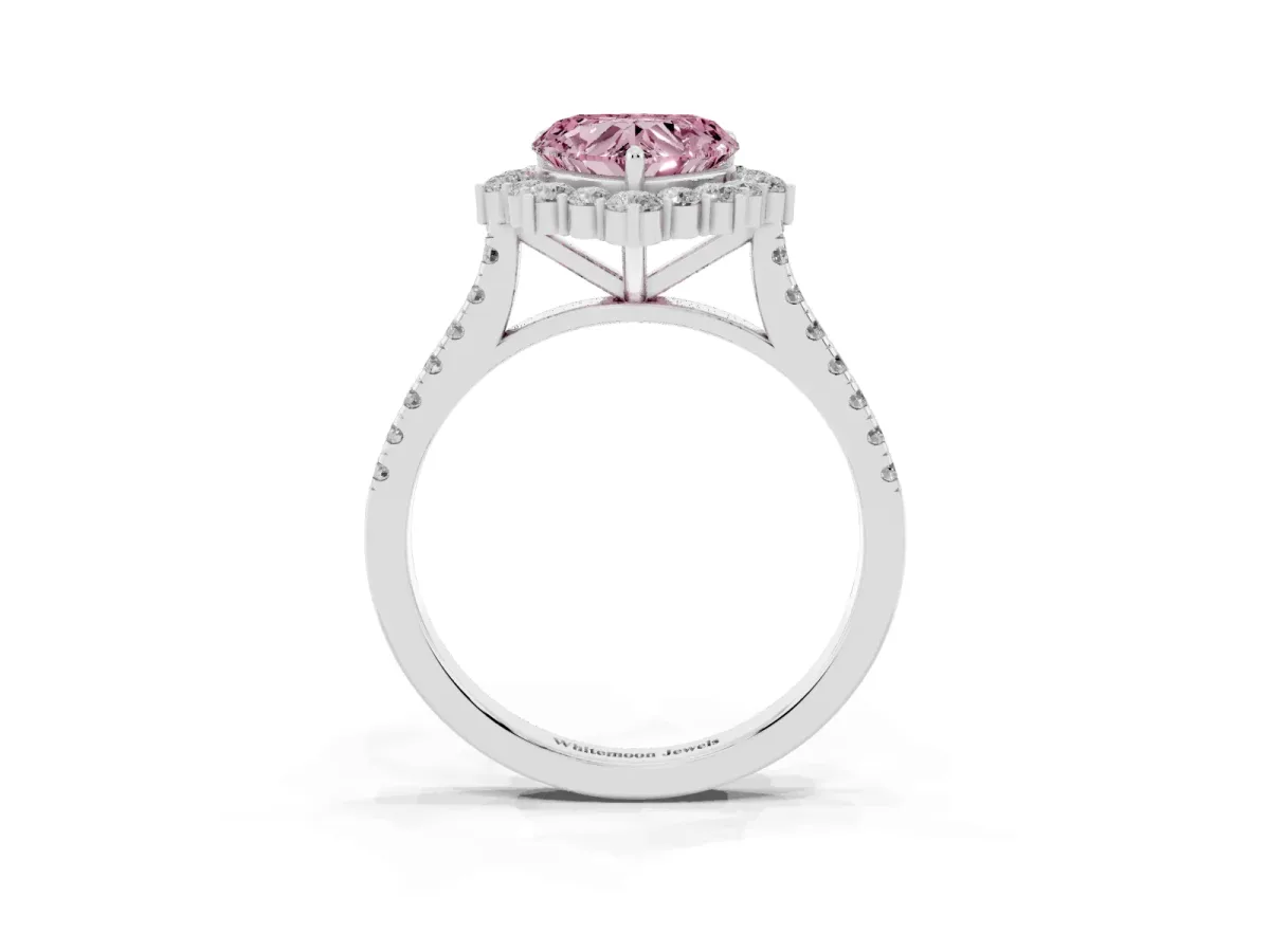 Fancy Pink Heart Cut Halo Diamond Ring with Pavé Band and Prong Setting Silver