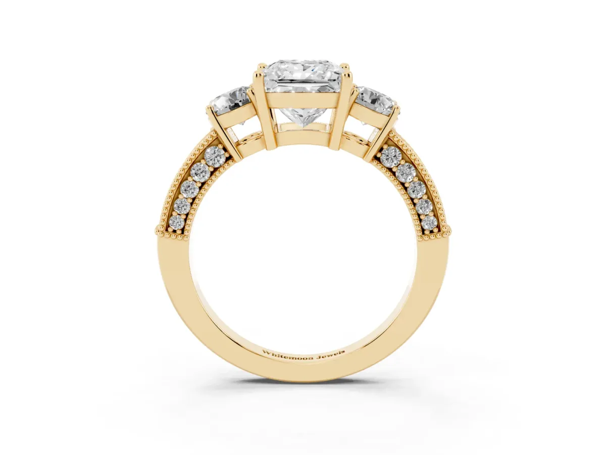 Princess Cut Three-Stone Diamond Ring with Pavé Band and Four-Prong Setting Yellow gold