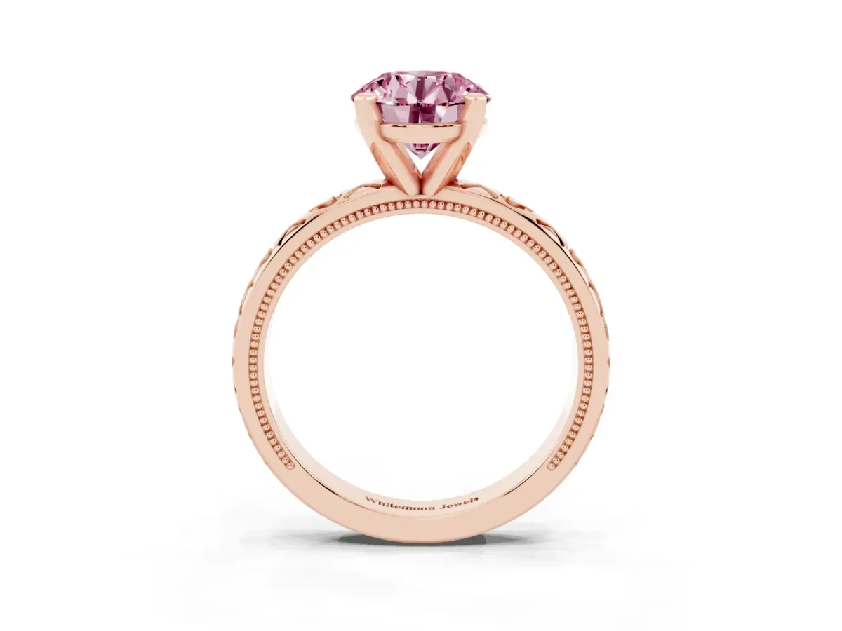 Fancy Pink Round Cut Solitaire Diamond Engagement Ring with XO Engraved Band and Four-Prong Setting Rose gold