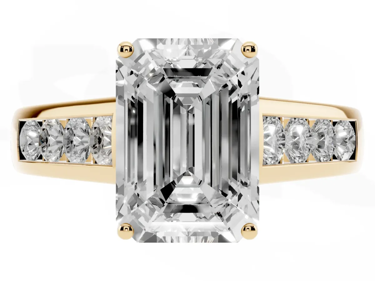 Emerald Cut Solitaire Channel-Set Diamond Engagement Ring with Four-Prong Setting Yellow gold