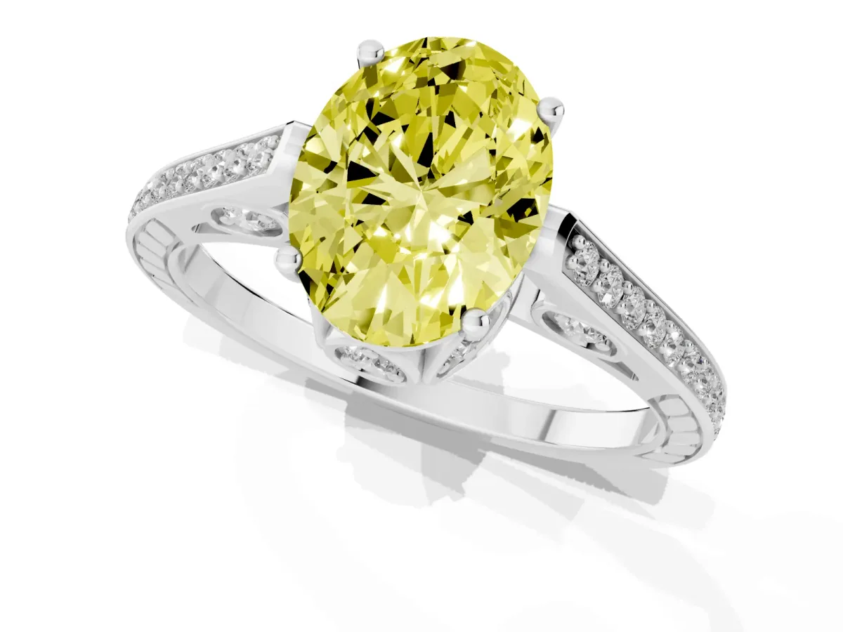 Fancy Yellow Oval Cut Cut Cathedral Pave Diamond Engagement Ring with Six-Prong Setting Silver