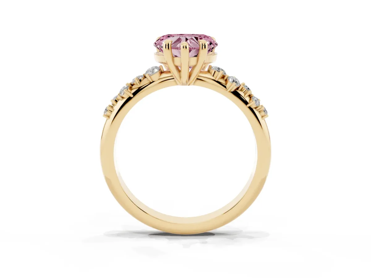 Fancy Pink Heart Cut Cut Diamond Vine Band with Four-Prong Setting Yellow gold