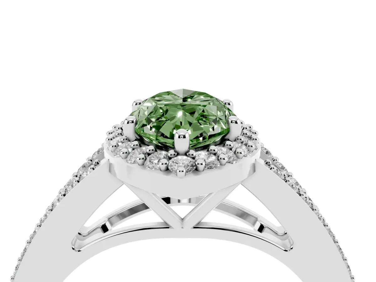 Fancy Green Marquise Cut Halo Split Shank Pave Diamond Ring with Four-Prong Setting Platinum