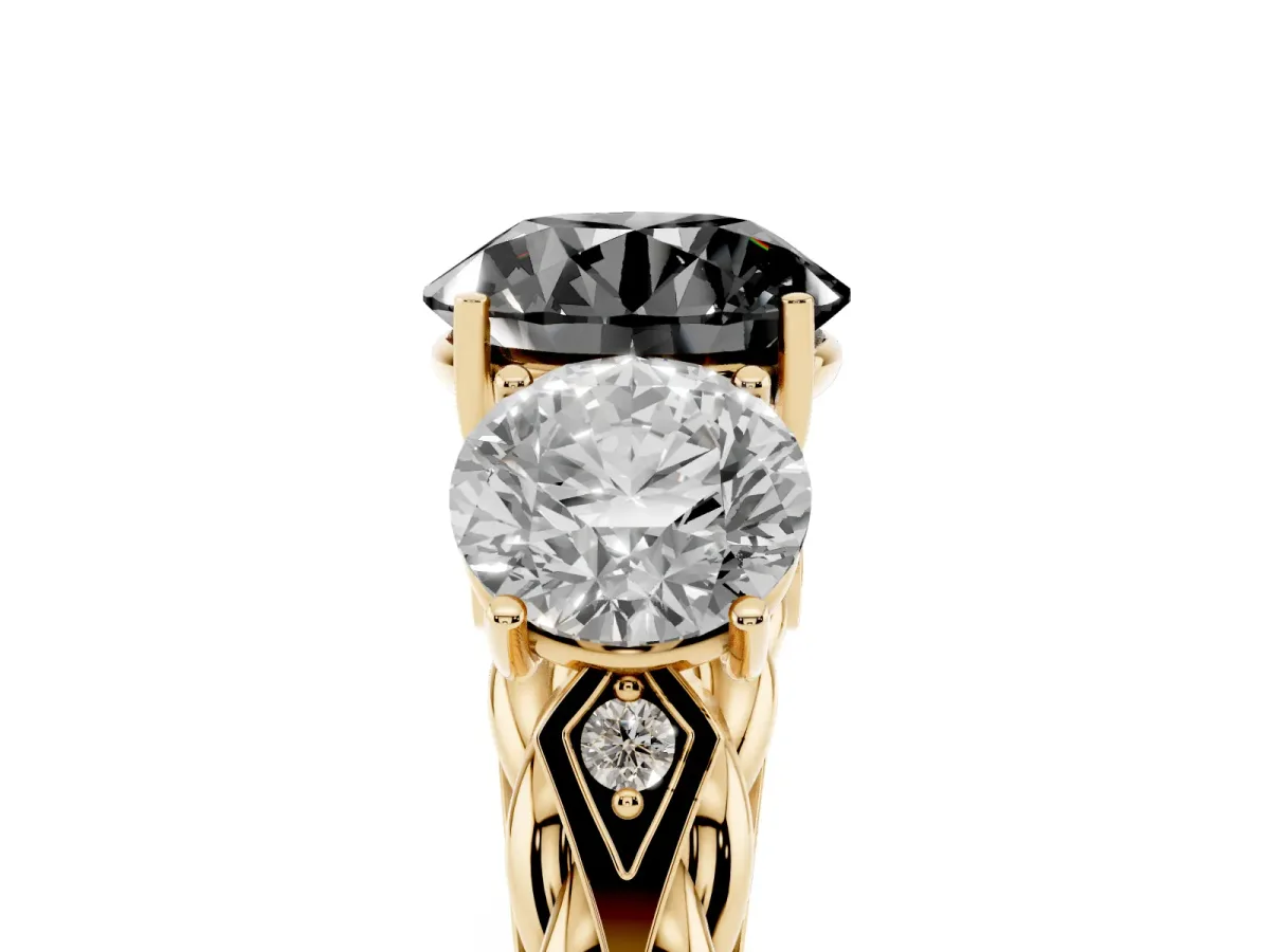Fancy Black Three-Stone Round Cut Diamond Braided Band Ring with Four-Prong Setting Yellow gold