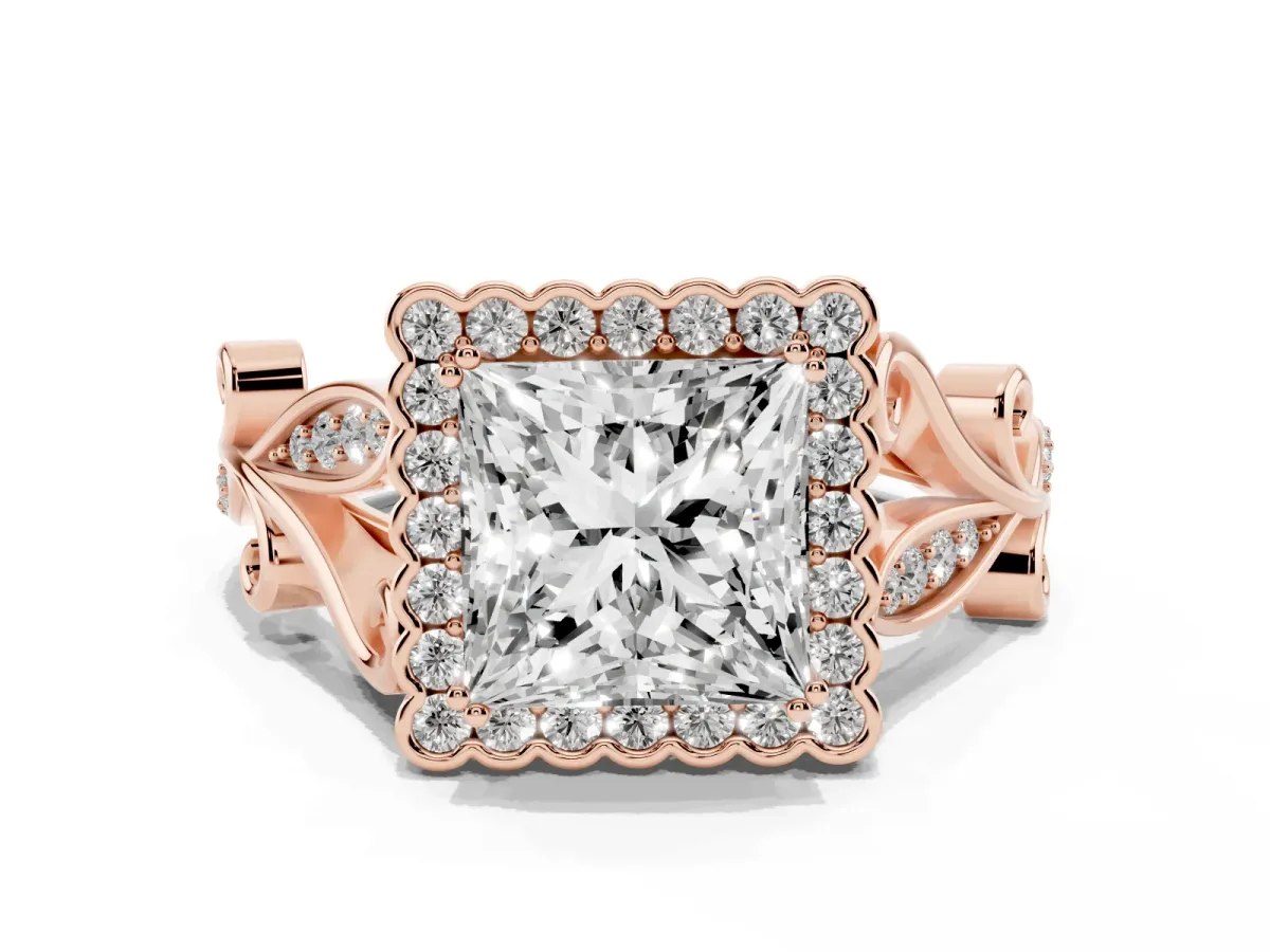 Princess Cut Diamond Halo Ring with Vintage Split Shank and Four-Prong Setting Rose gold