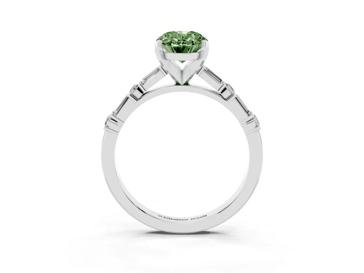 Fancy Green Oval Cut Diamond Solitaire with Side Baguettes and Channel Set Band Silver