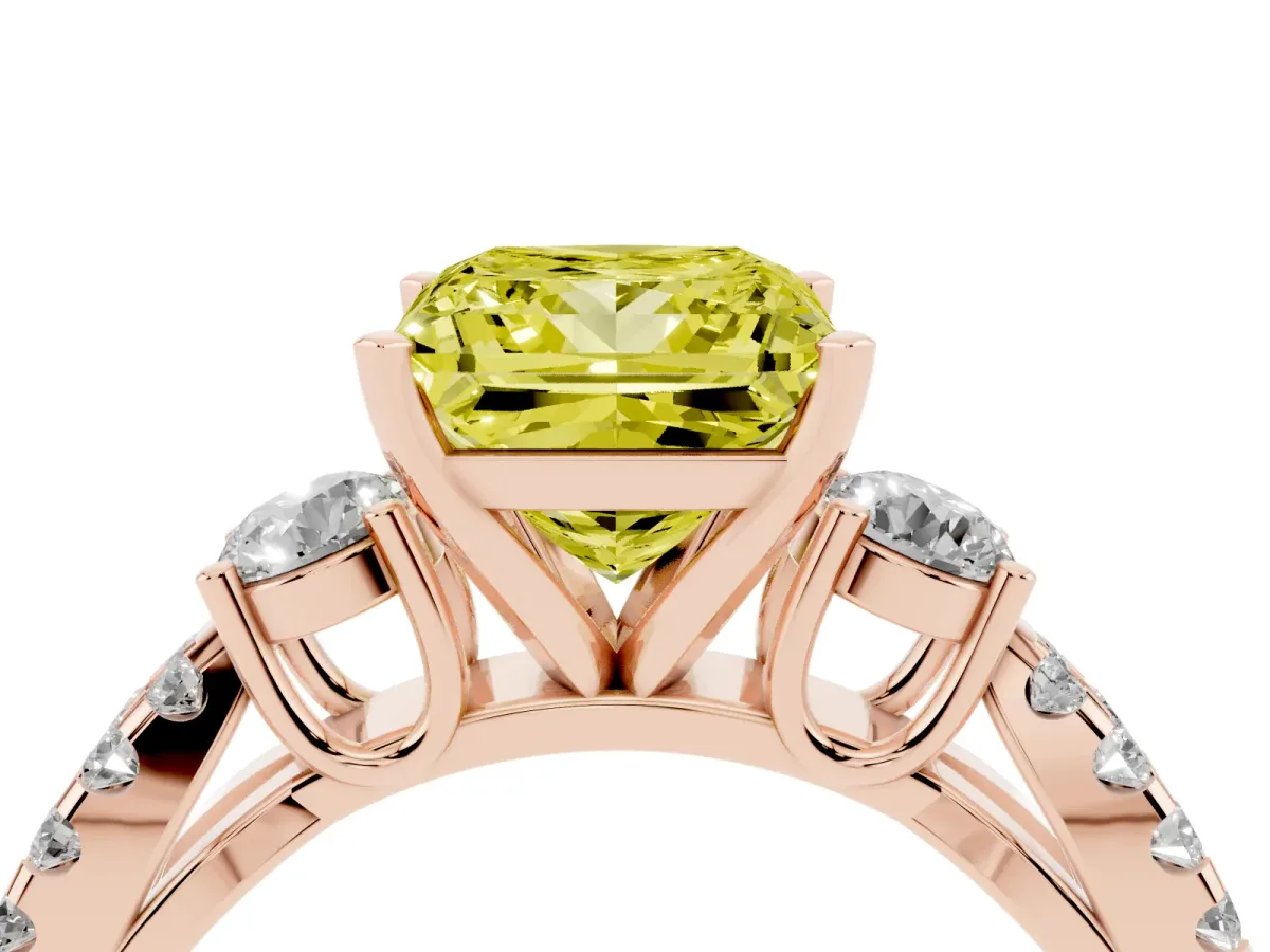 Fancy Yellow Princess Cut Diamond Three-Stone Ring with Pavé Split Shank and Four-Prong Setting Rose gold