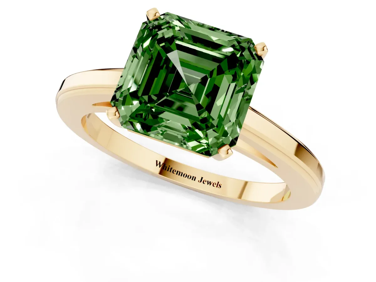 Fancy Green Asscher Cut Solitaire Diamond Ring with Four-Prong Setting and Classic Band Yellow gold