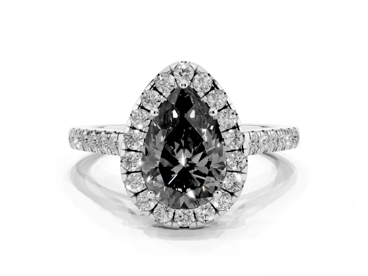 Fancy Black Pear Cut Halo Pave Diamond Engagement Ring with Four-Prong Setting Silver