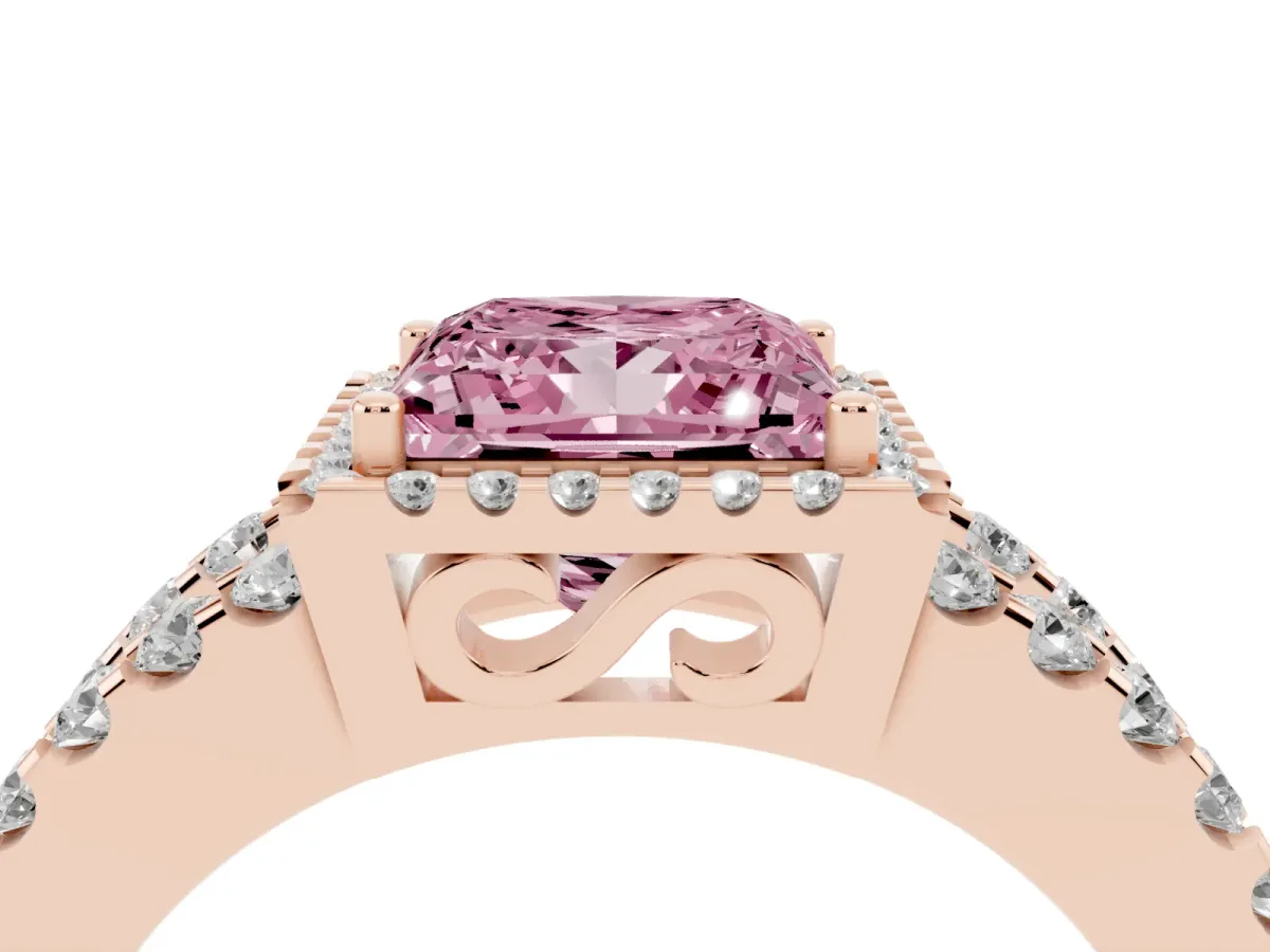 Fancy Pink Princess Cut Cut Halo Split Shank Diamond Ring with Four-Prong Setting Rose gold
