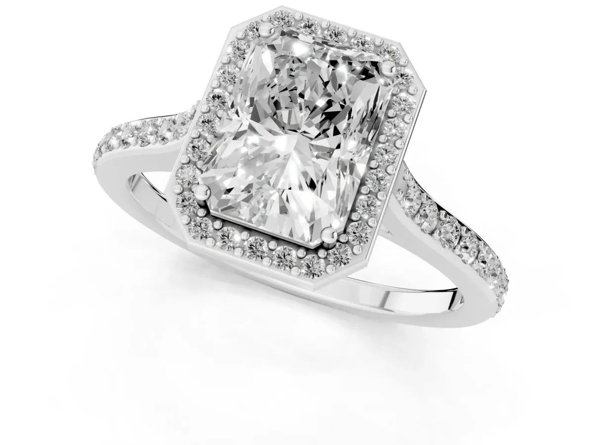 Radiant Cut Diamond Halo Engagement Ring with Round Pavé Shoulders and Prong Setting White gold