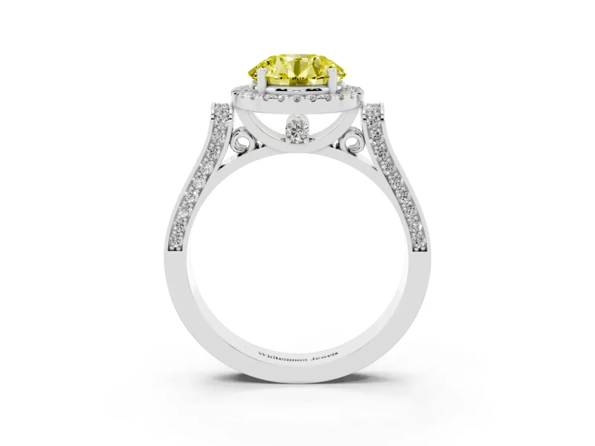 Fancy Yellow Round Cut Halo Round Diamond Twist Band with Four-Prong Setting Silver