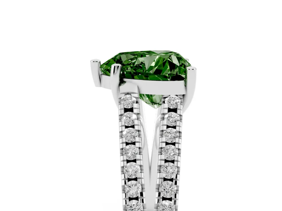 Fancy Green Heart Cut Diamond Solitaire Engagement Ring with Split Shank Pavé Band Silver