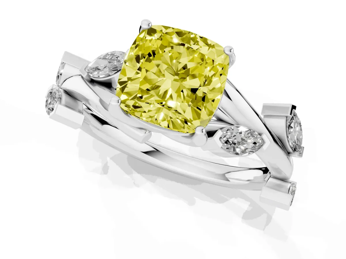 Fancy Yellow Cushion Cut Solitaire Twisted Band Marquise Accent Prong Setting Ring Silver