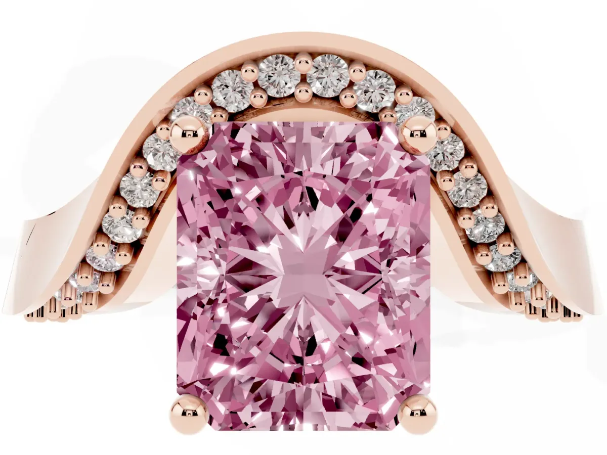 Fancy Pink Radiant Cut Solitaire Diamond Engagement Ring with Pave Band and Four-Prong Setting Rose gold