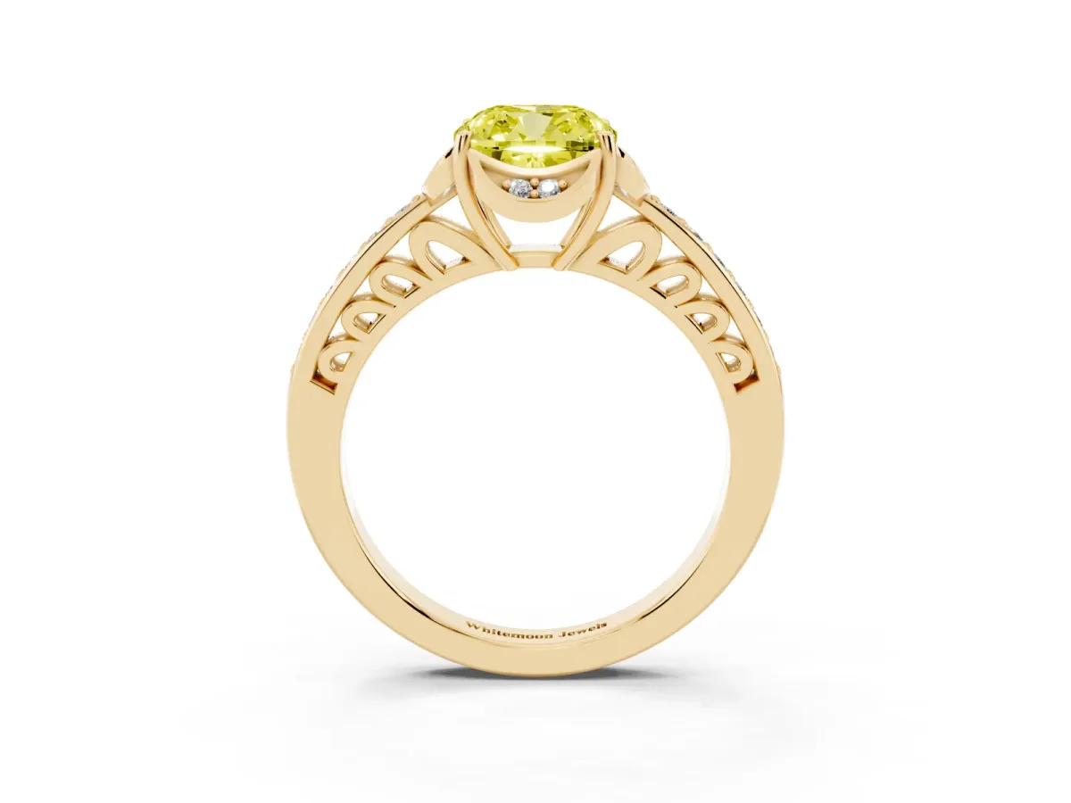 Fancy Yellow Cushion Cut Cut Halo Diamond Ring with Channel Set Band and Four-Prong Setting Yellow gold