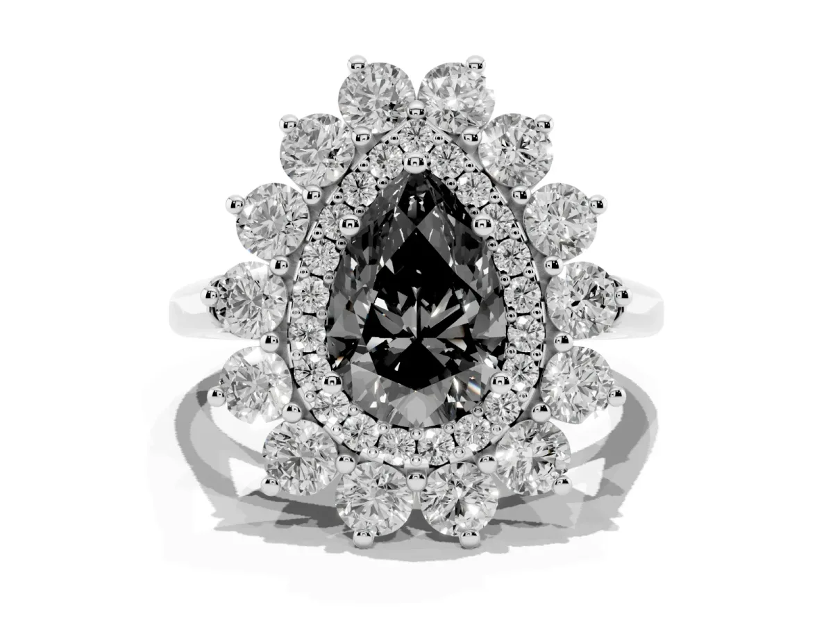 Fancy Black Pear Cut Diamond Floral Double Halo Engagement Ring with Prong Setting Silver