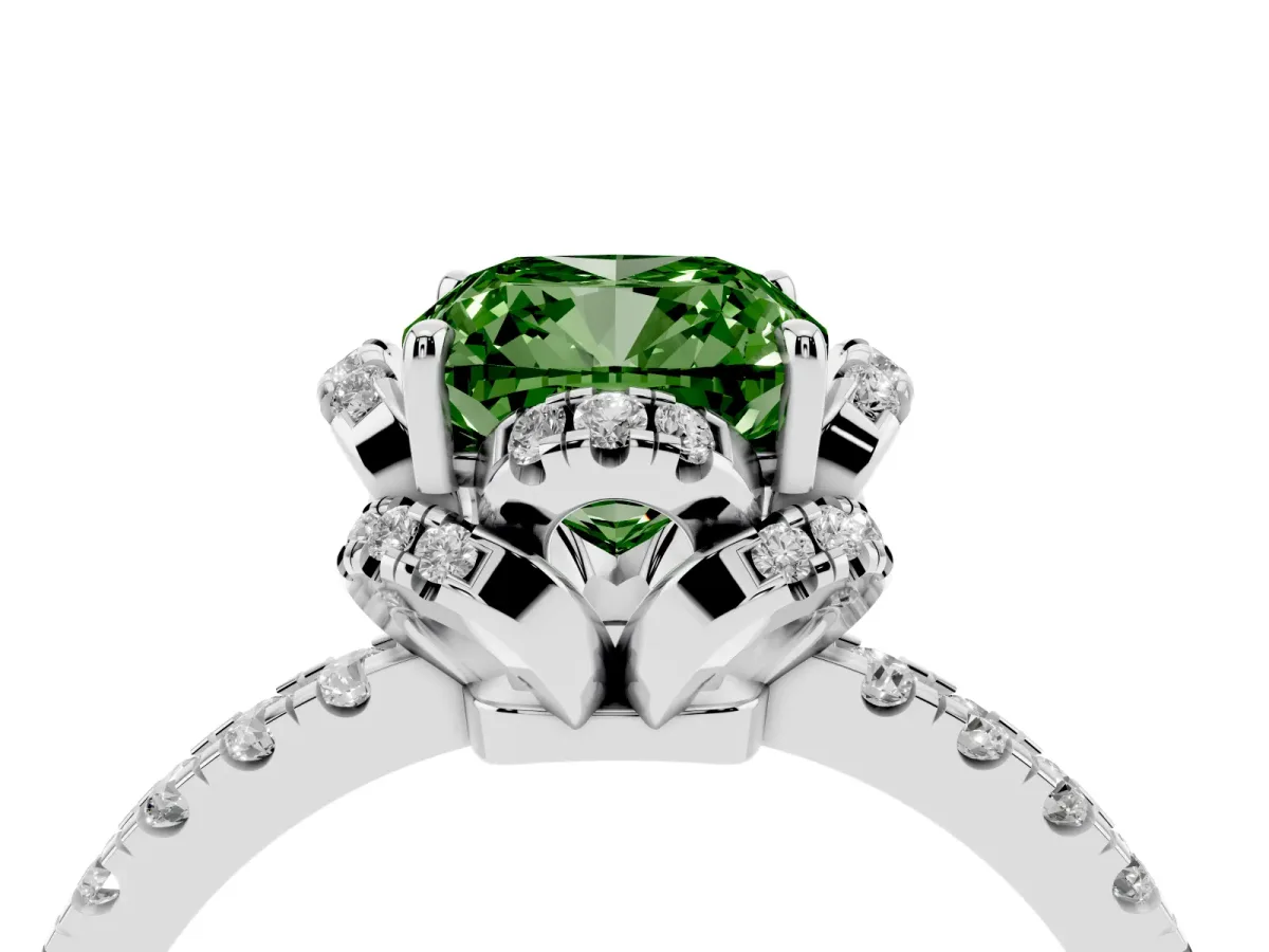 Fancy Green Cushion Cut Halo Diamond Pave Band Ring with Four-Prong Setting Silver