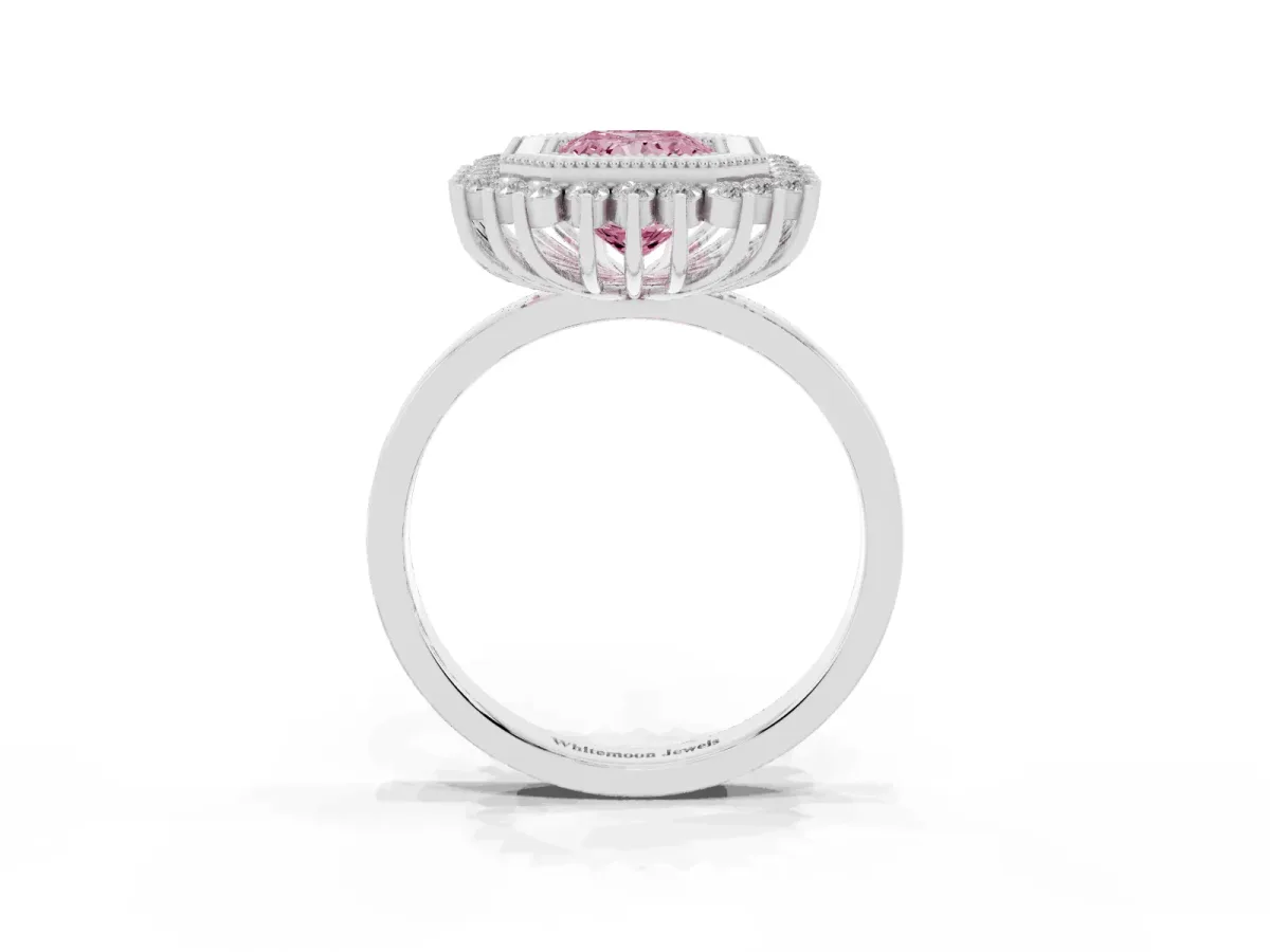 Fancy Pink Radiant Cut Halo Diamond Ring with Milgrain Edge and Round Prong Setting Silver